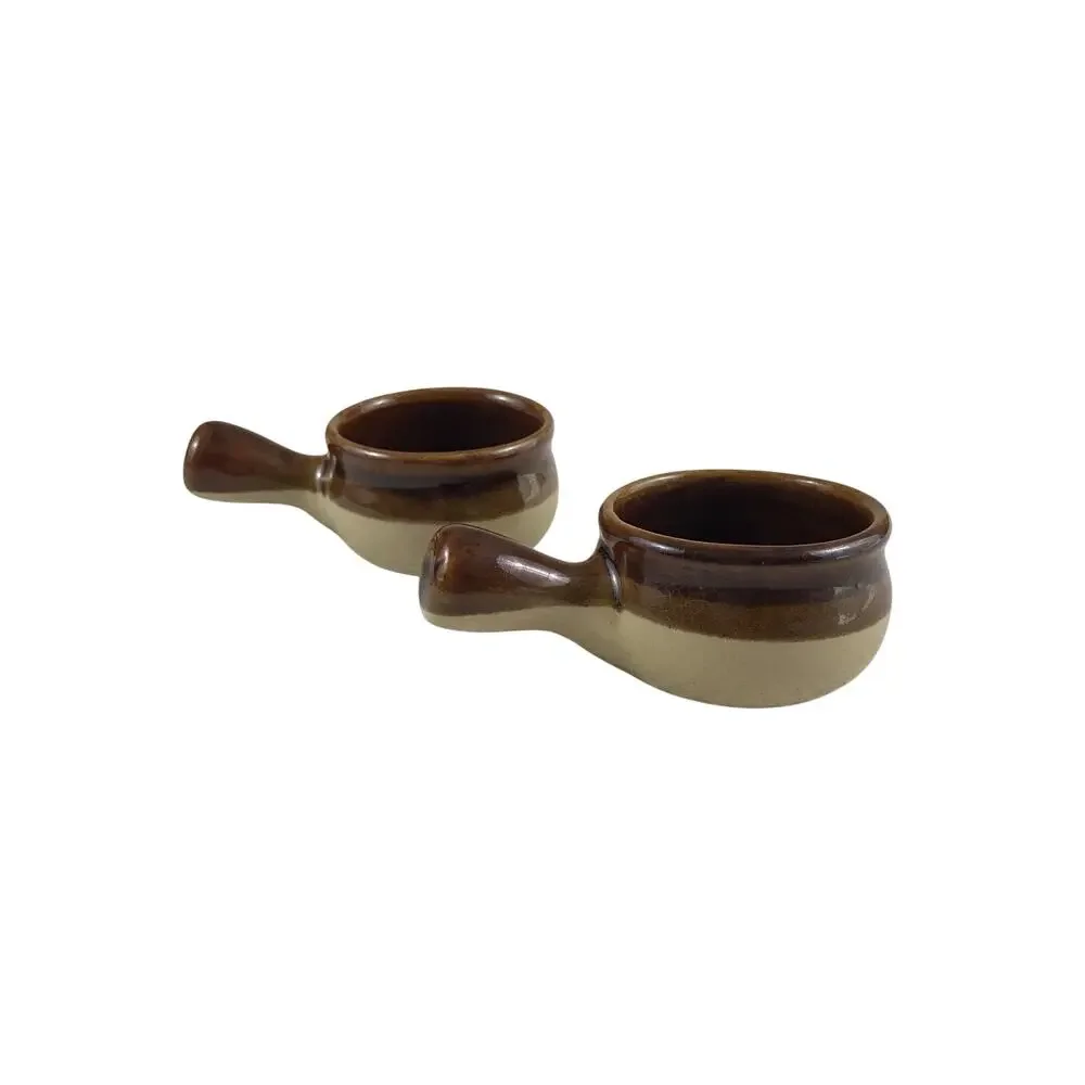 Stoneware Soup Crocks Brown Tan Glazed Two Tone Mini with Handle Set of 2